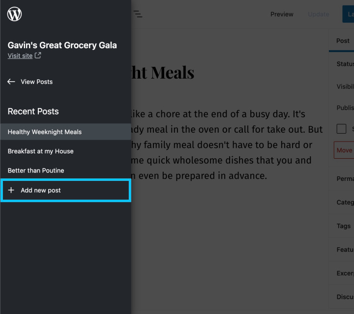 Block Editor Sidebar - add a new post