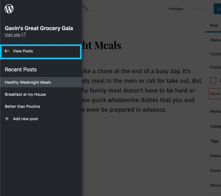 Block Editor Sidebar - view all posts