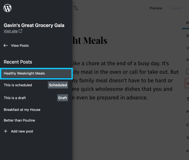Block Editor Sidebar - select a post to edit